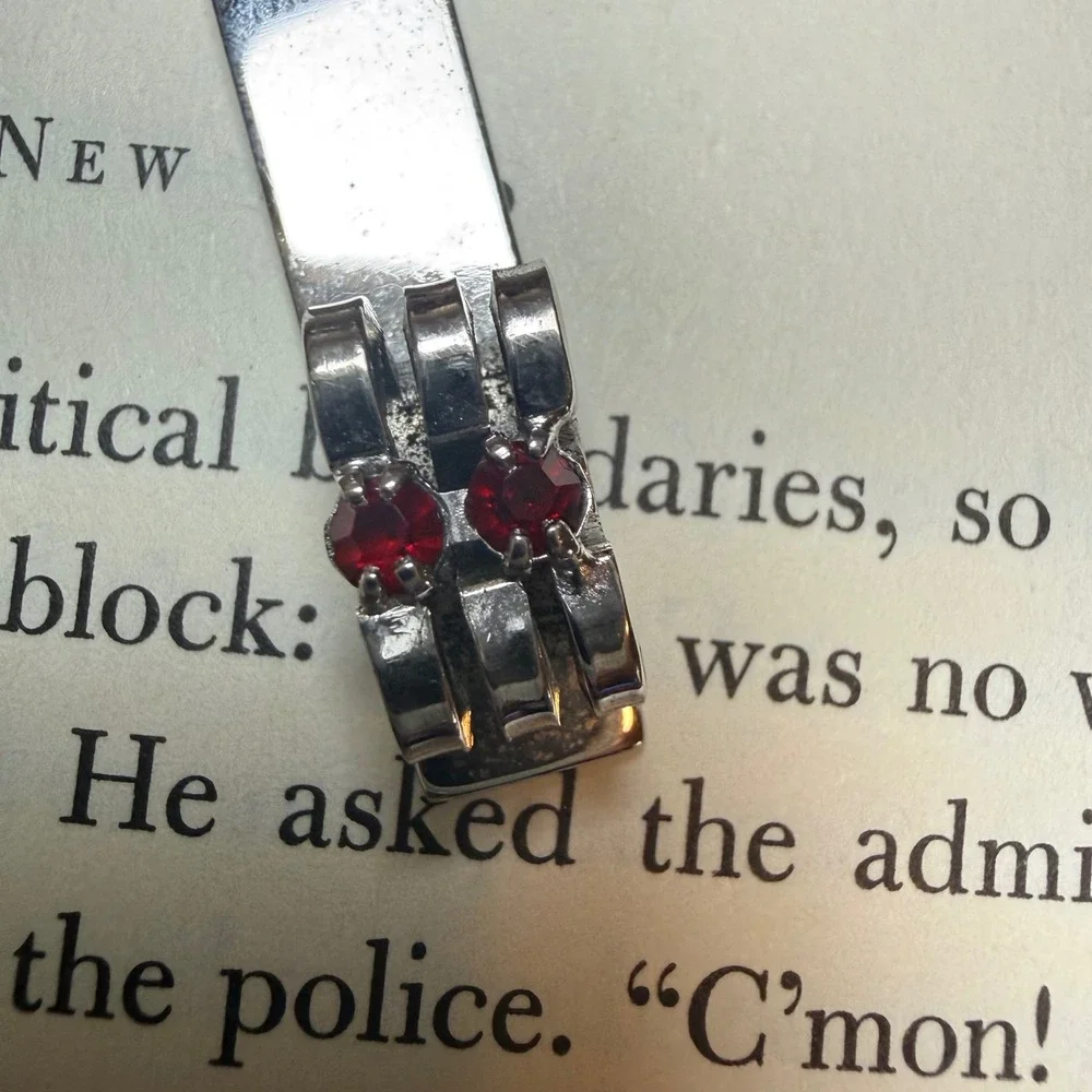 Vintage Silver Tone Tie Bar‎ Money Clip Red Garnet Style Stones 2